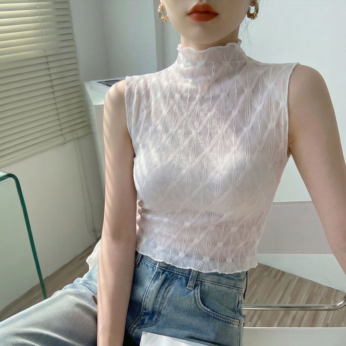 Ruffle Lace Faux High Neck Women's Versatile Faux Collar Inner Wear Sheer Sleeveless Mesh Vest Short Top
