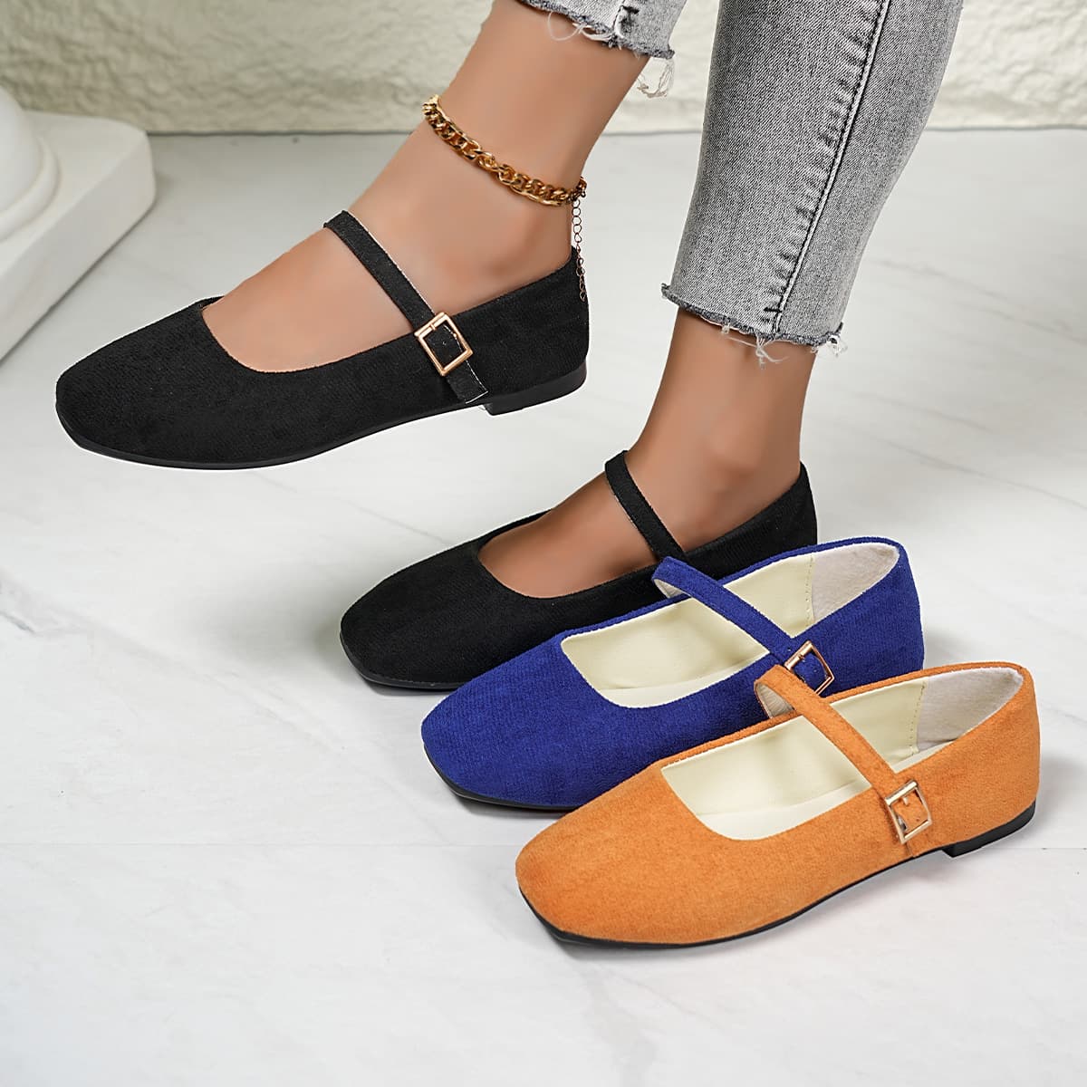 Women's French Flat Shoes, Cross-Border New Style, One-Strap Square Toe, Low Heel, Vintage Mary Jane Velvet, Size 43
