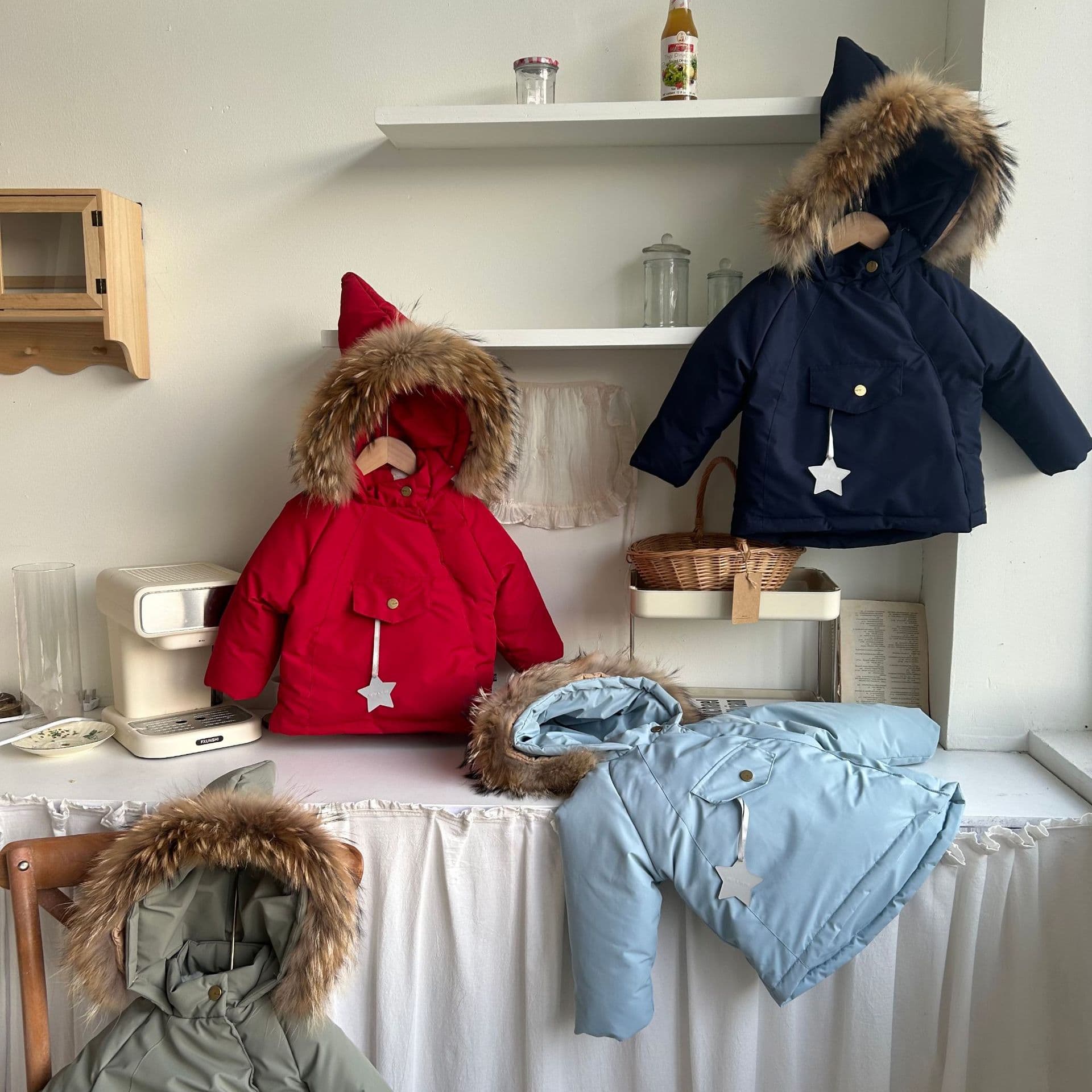 Winter New Korean Children's Down Jacket with Big Fur Collar, Cute Magic Pointed Hat, Baby Coat, Trendy Warm