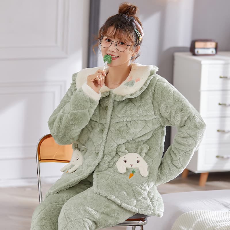 Plush quilted winter three-layer quilted maternity thickened coral velvet jacquard confinement clothing pajamas female nursing clothing