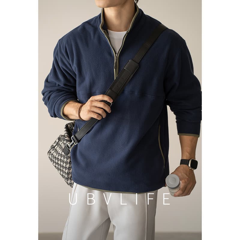 Old money style retro polar fleece half-zip sweatshirt for men 2026 spring plus velvet thickened warm casual long-sleeved T-shirt