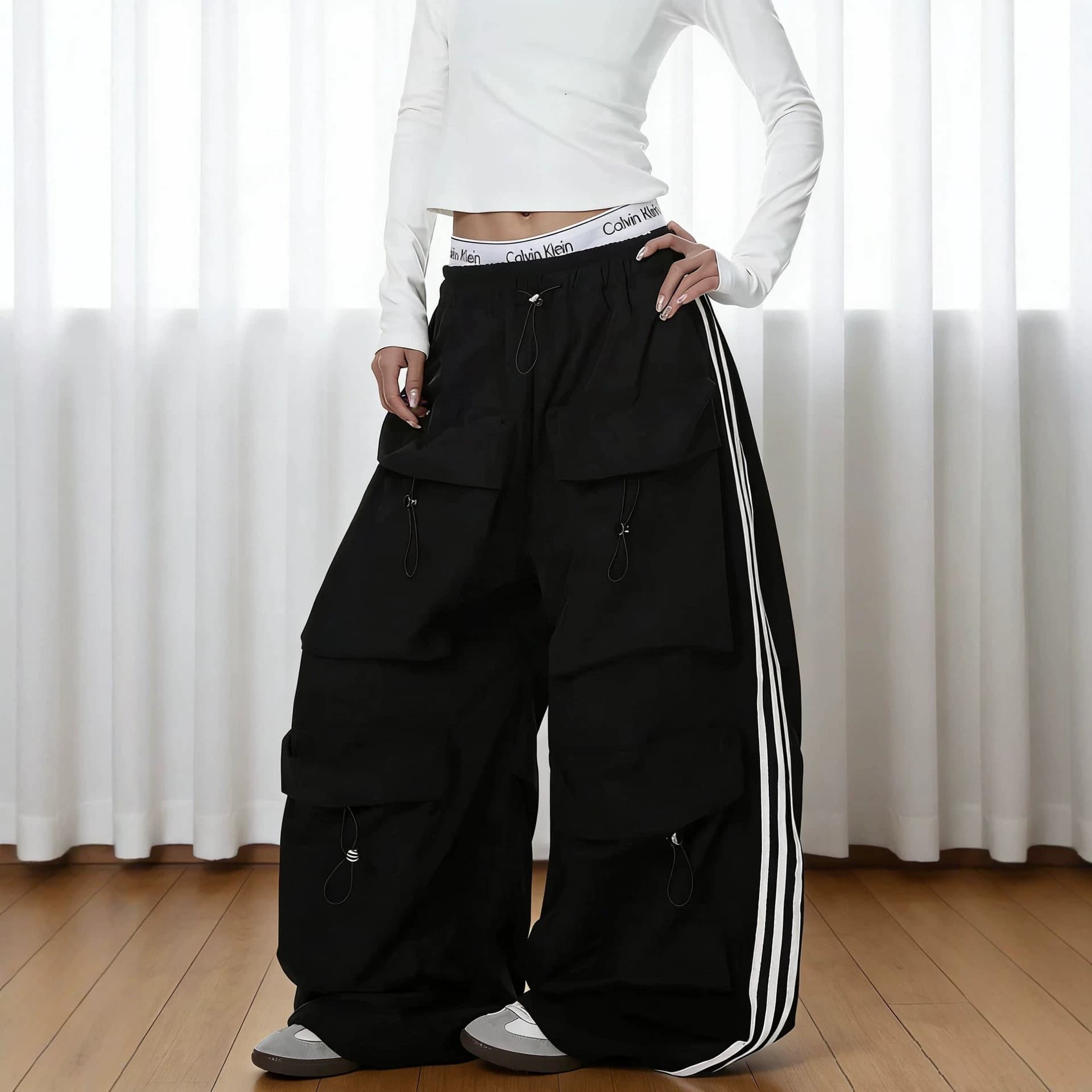 American military green overalls three-stripe multi-pocket pleated paratrooper wide-leg pants jazz street dance sports casual pants
