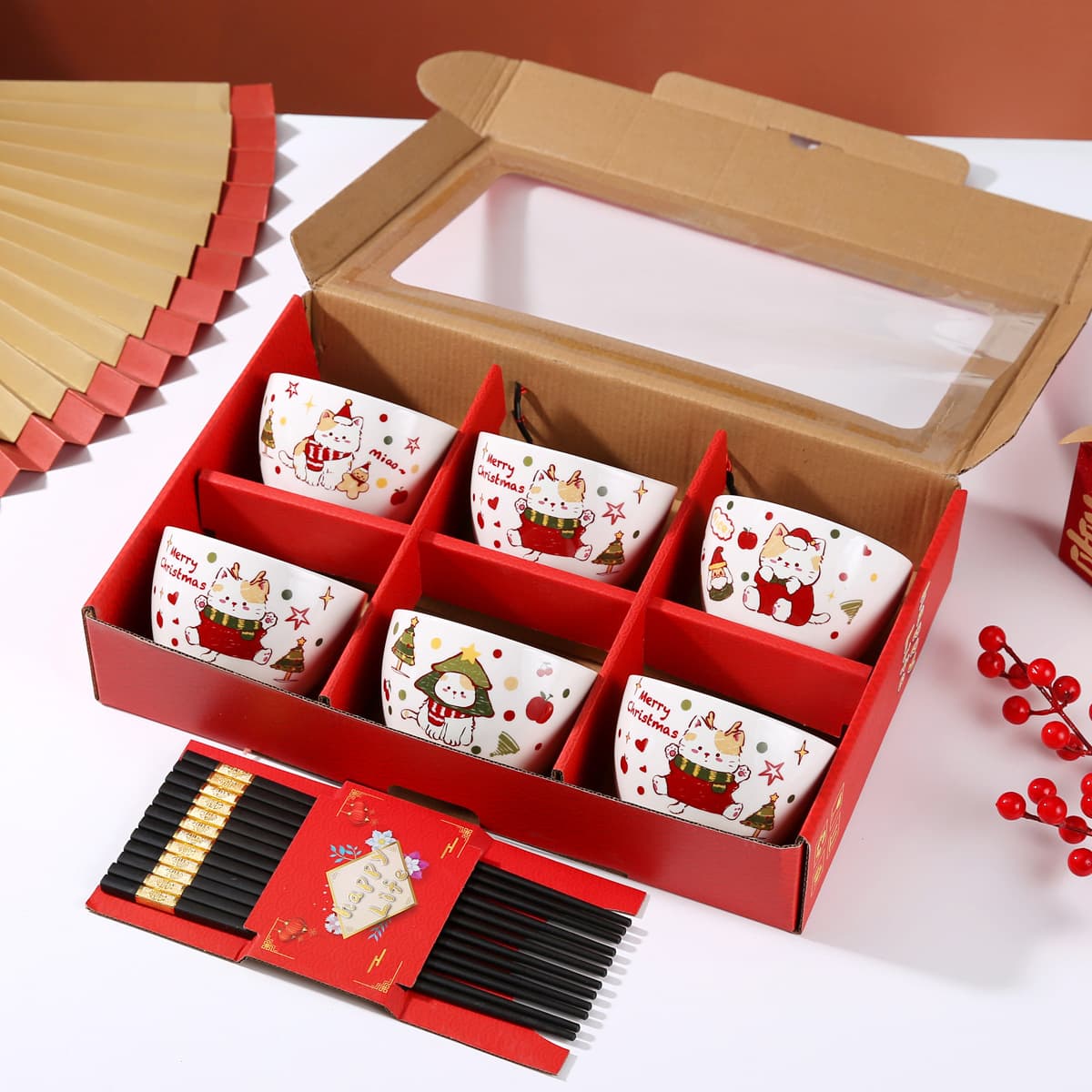 Ceramic bowl tableware set, bowls and chopsticks, annual party, team building event, gift giving, opening souvenir, practical small gift wholesale