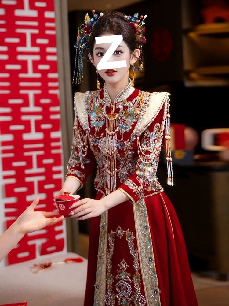 Velvet Bride Xiuhe Suit 2025 New Chinese Wedding Dress for Marriage Toasting, Slimming Wedding Gown for Petite Women
