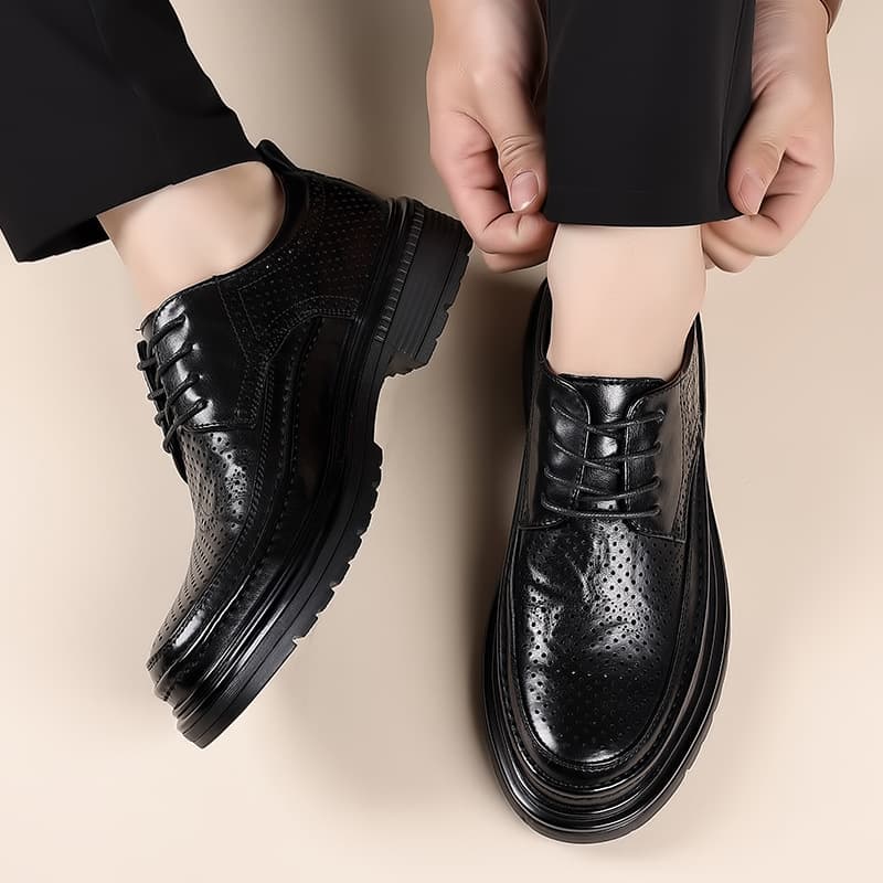 Men's 2025 Leather Shoes Summer Breathable Wide Toe Black Soft Sole Business Casual Dress Shoes