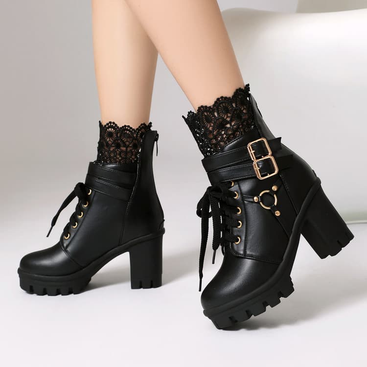 25 Autumn/Winter Fashion Korean Style Belt Buckle Martin Boots Women Chunky Heel Platform Zipper Lace-up Martin Boots 7323