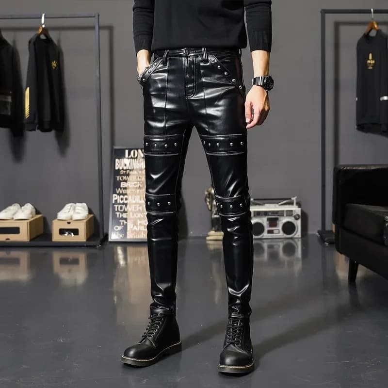 2024 New Winter-Spring Men's Slim-Fit Cycling Leather Pants, Fashion Faux Leather Motorcycle Pants, Men's Stage Pants