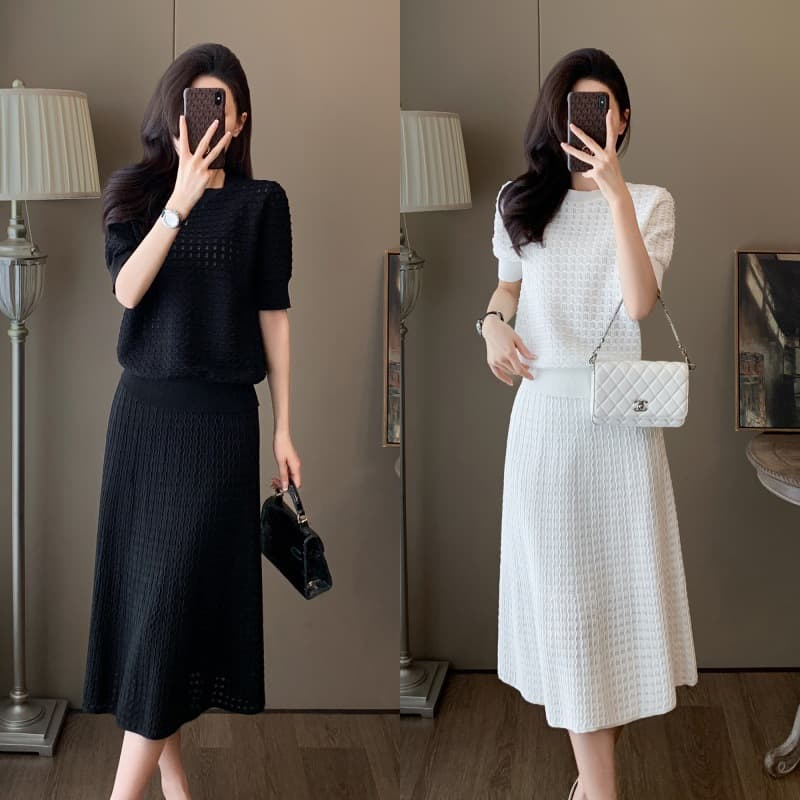 6918 Chanel-Inspired Celebrity Style High-End Light Luxury Knit Skirt Set, New Summer Jacquard Hollow Out Two-Piece Set for Women