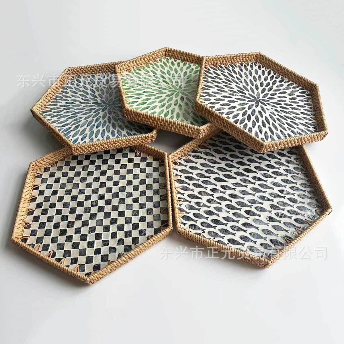 Rattan Shell Tray Handwoven Storage Tray Creative Hexagonal Snack Plate Living Room Tea Tray Fruit Plate Storage
