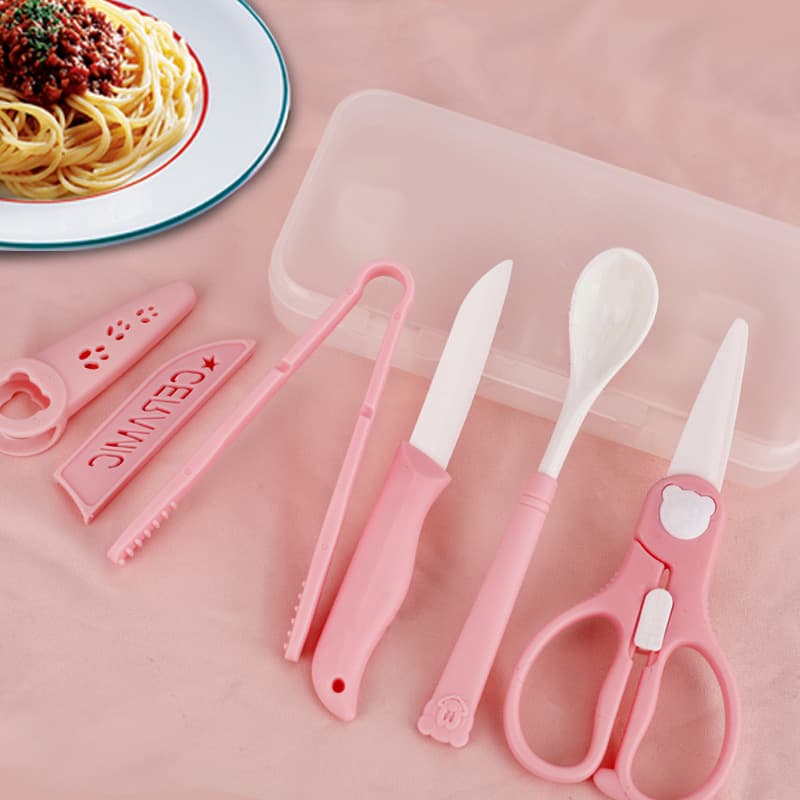 Ceramic Scissors, Children's Baby Food Knife, Ceramic Spoon, Portable Four-Piece Set, Zirconia Knife and Scissors, Infant Food Scissors