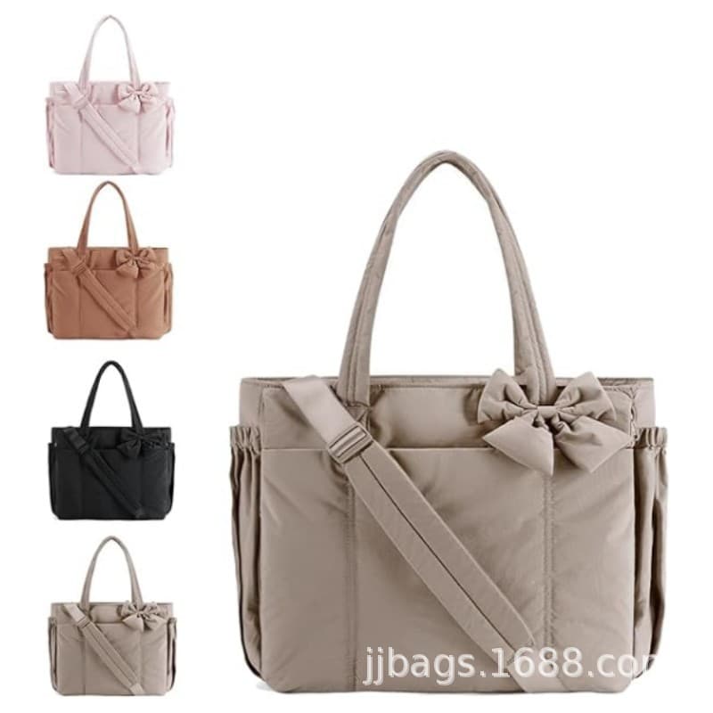 In Stock Tote Bag Bow Yoga Bag Winter New Embroidered Plaid Space Bag Padded Single Shoulder Tote Bag