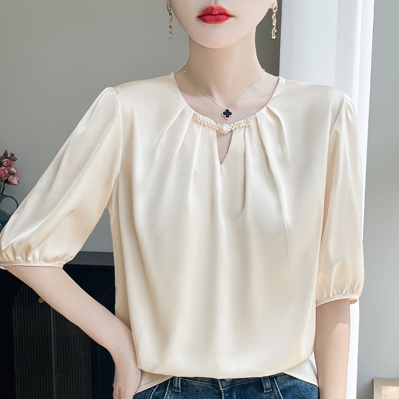 Premium Acetate Satin Round Neck Hollow Out Solid Color Elbow Sleeve Top Summer Lightweight Versatile Base Tee for Women