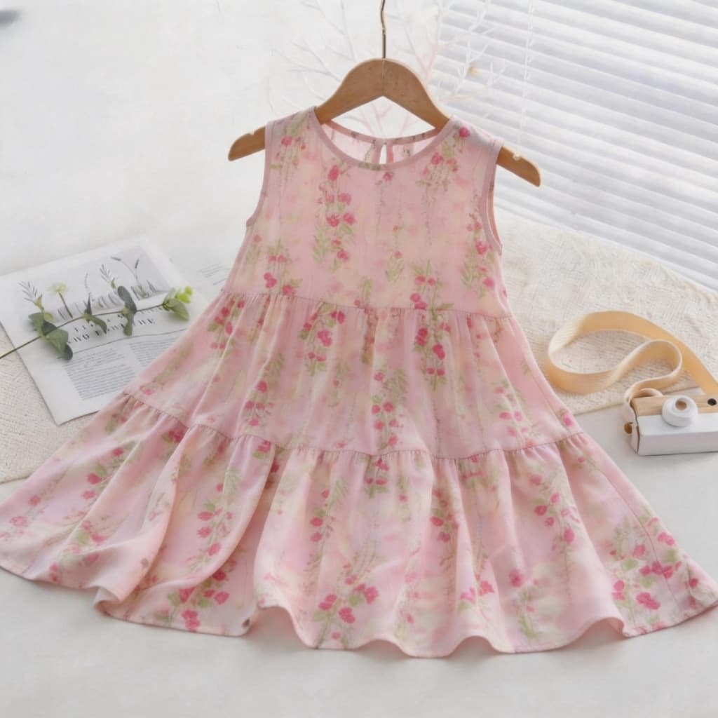 Girls Dress for Ages 1-5, Pink Floral Baby Princess Dress, Lightweight Cotton Silk Floral Print
