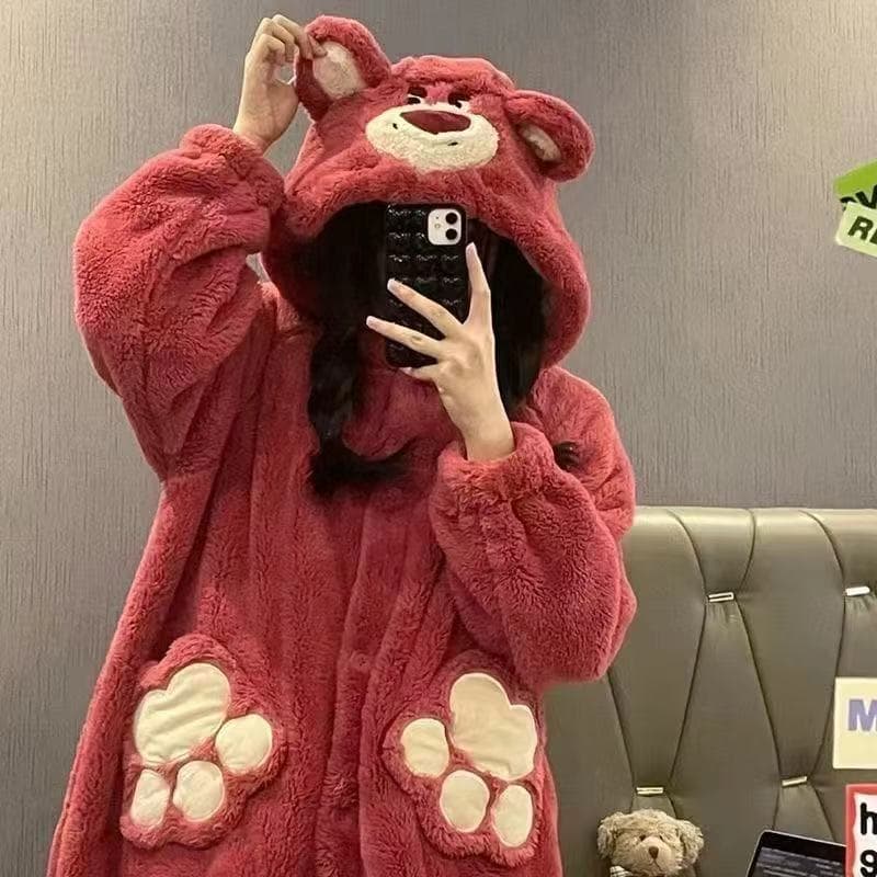 Strawberry Bear Pajamas Autumn and Winter Coral Velvet Cartoon Cute Home Clothes Set Can Go Out Home Clothes Mixed Batch