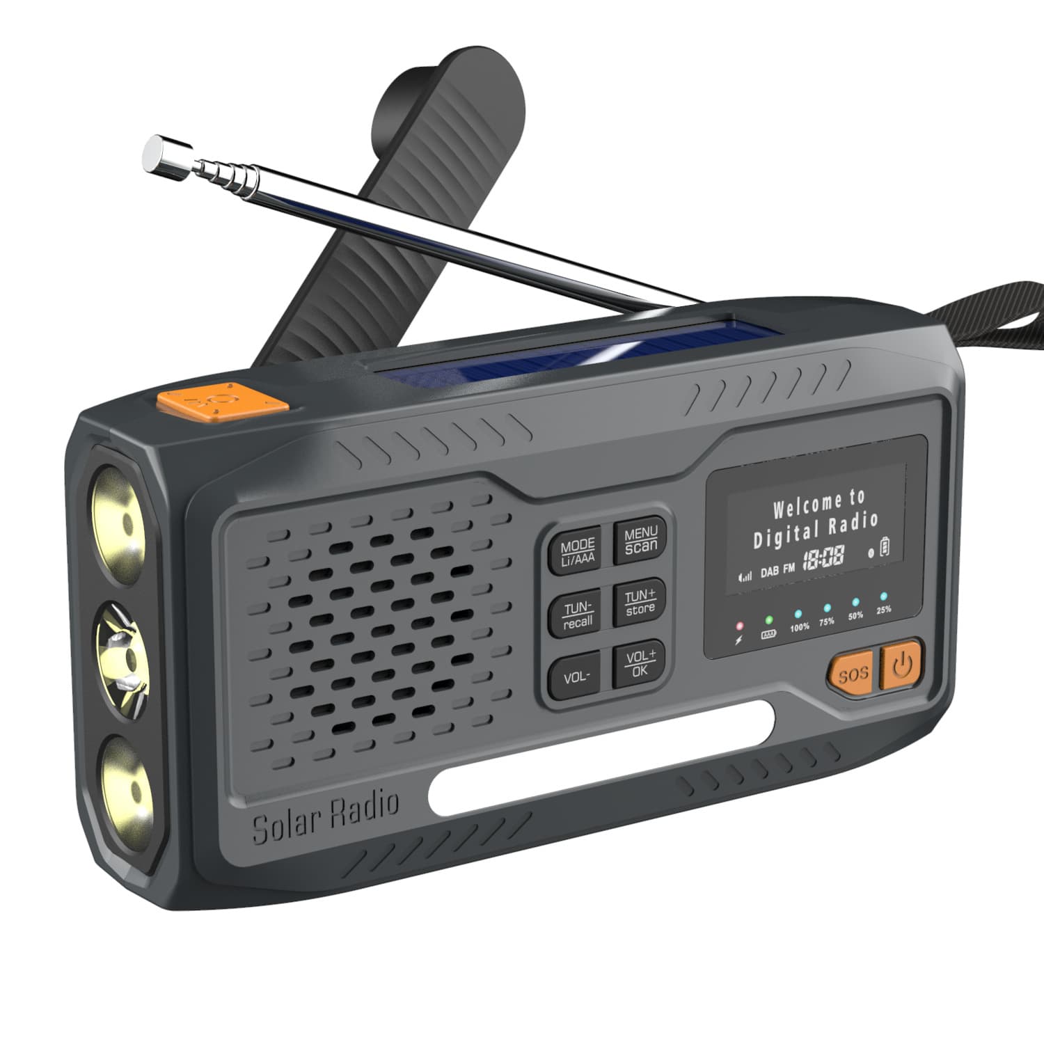 2023 New Outdoor Emergency DAB Radio with Solar/Crank Charging, Bluetooth, and High-Lumen Flashlight
