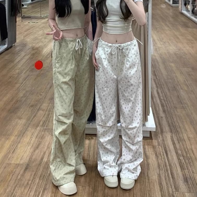 Cross-border floral straight pants for women summer new high-waisted loose casual wide-leg pants American retro white sports pants