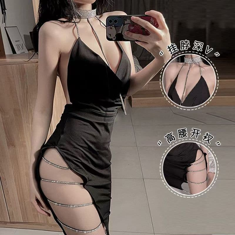 Sexy Lingerie Halter Neck Backless Split Nightgown Deep V No-Off Dress Women's Sensual Underwear Pure 382 Tease