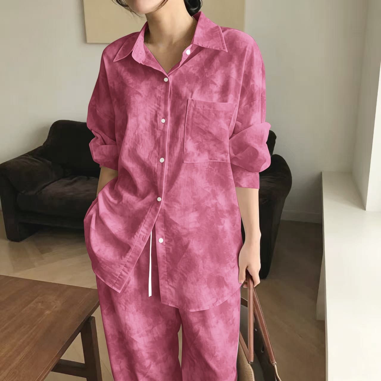 Korean red suit girls tie-dye print Korean version foreigners 2026 spring, autumn and summer wear with shirt and trousers
