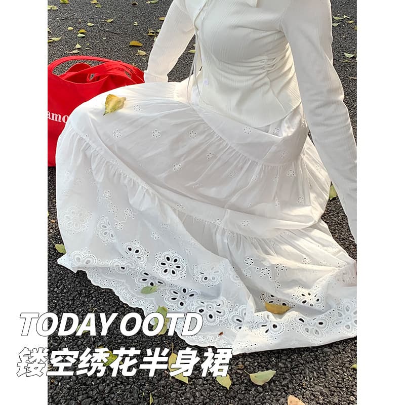 New Fashion 2026 Spring/Summer Heavy Craft Hollow Embroidery Skirt for Women, Elastic High-Waist A-Line Skirt, Large Swing Umbrella Skirt