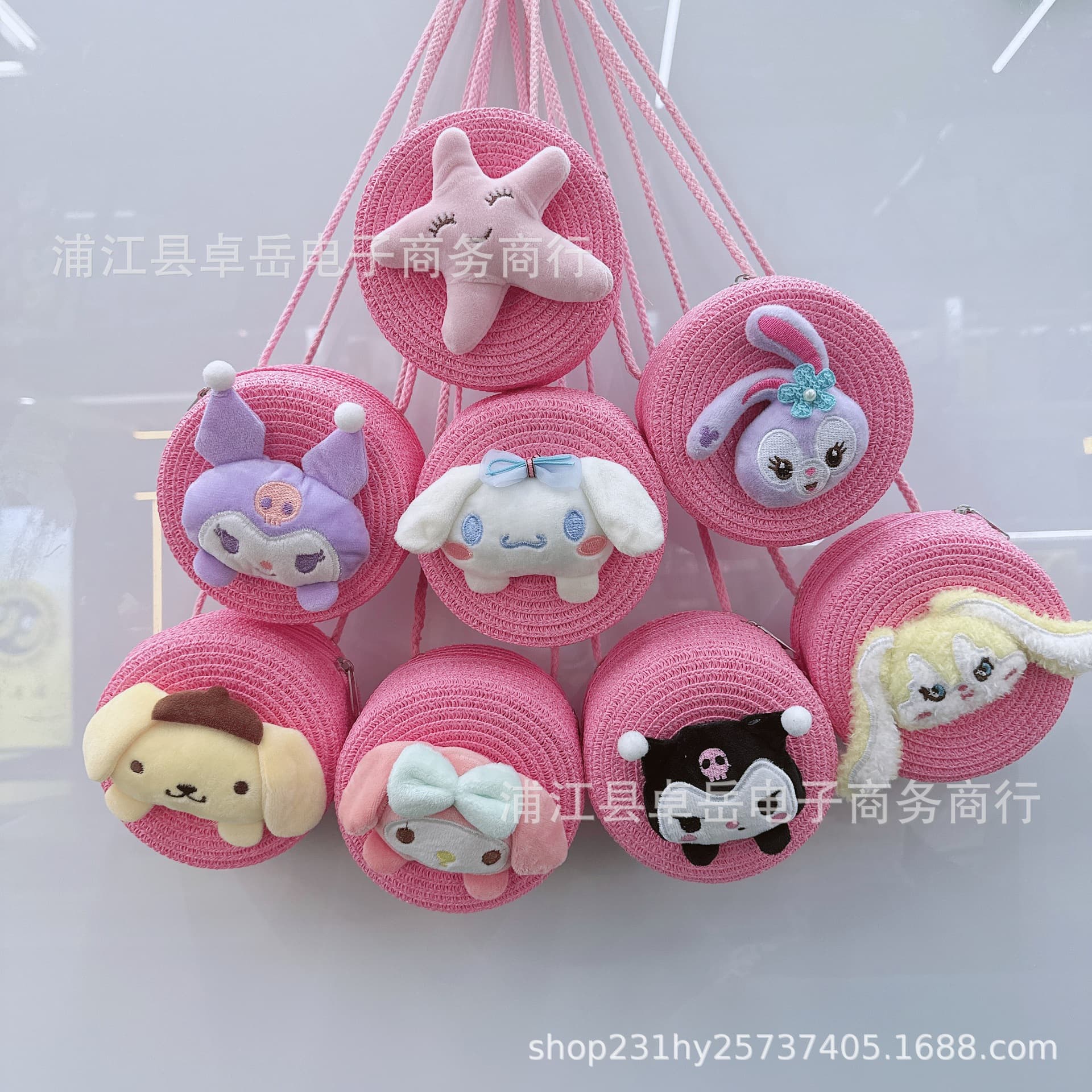 New Pink Children's Straw Woven Bag Cute Plush Handmade Bag Beach Casual Tote Wholesale