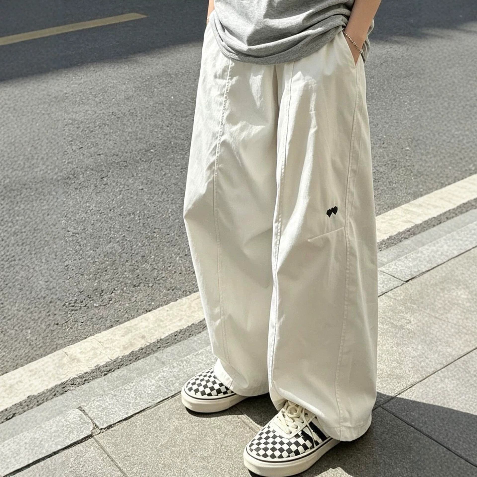 White Heart Embroidered Cargo Pants for Women Summer Thin Quick-Dry American Style Sport Pants Straight Loose Casual Wide Leg Pants