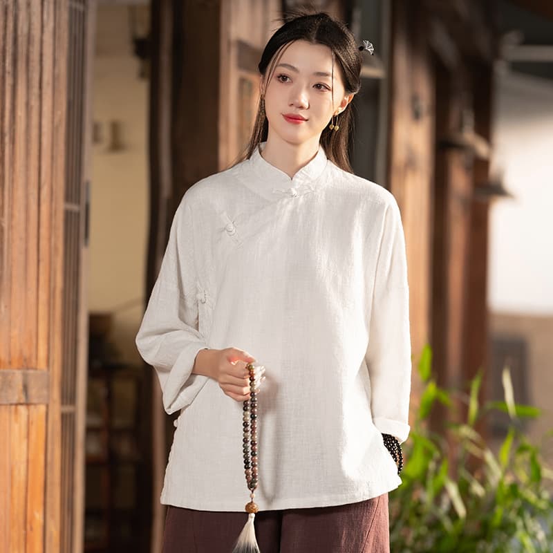 Autumn 2026 Cotton Linen Chinese Women's Retro Stand Collar Cotton Linen Button Top Shirt Women's Linen Washed Zen Tea Garment