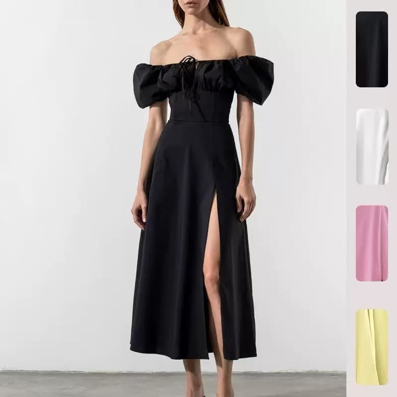 2026 New European and American Style One Shoulder Puff Sleeve High Waist Slit Dress Feminine Commuting Long Dress