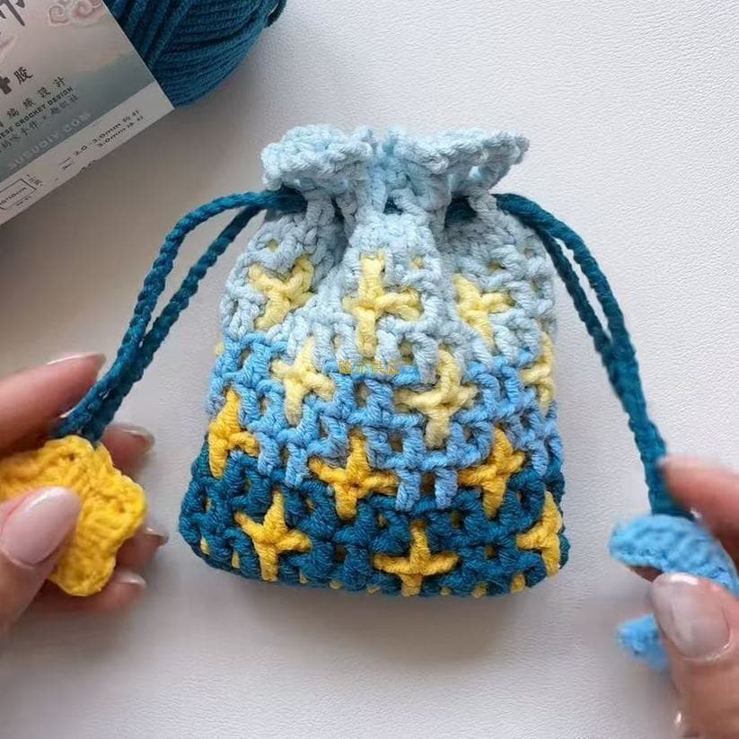 Spring Double-Sided Cross Star Crochet Small Flower Coin Purse Drawstring Bag DIY Material Kit Handmade Gift