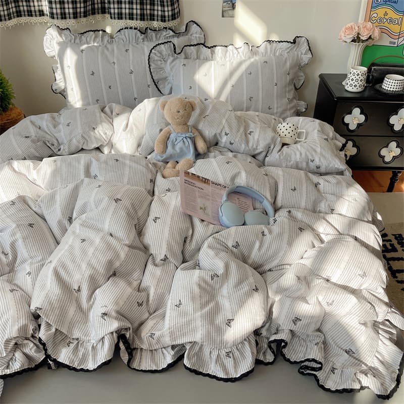 Korean style ins style cotton side bed four piece set French Hepburn style 100 pure cotton quilt cover sheet fitted sheet three piece set