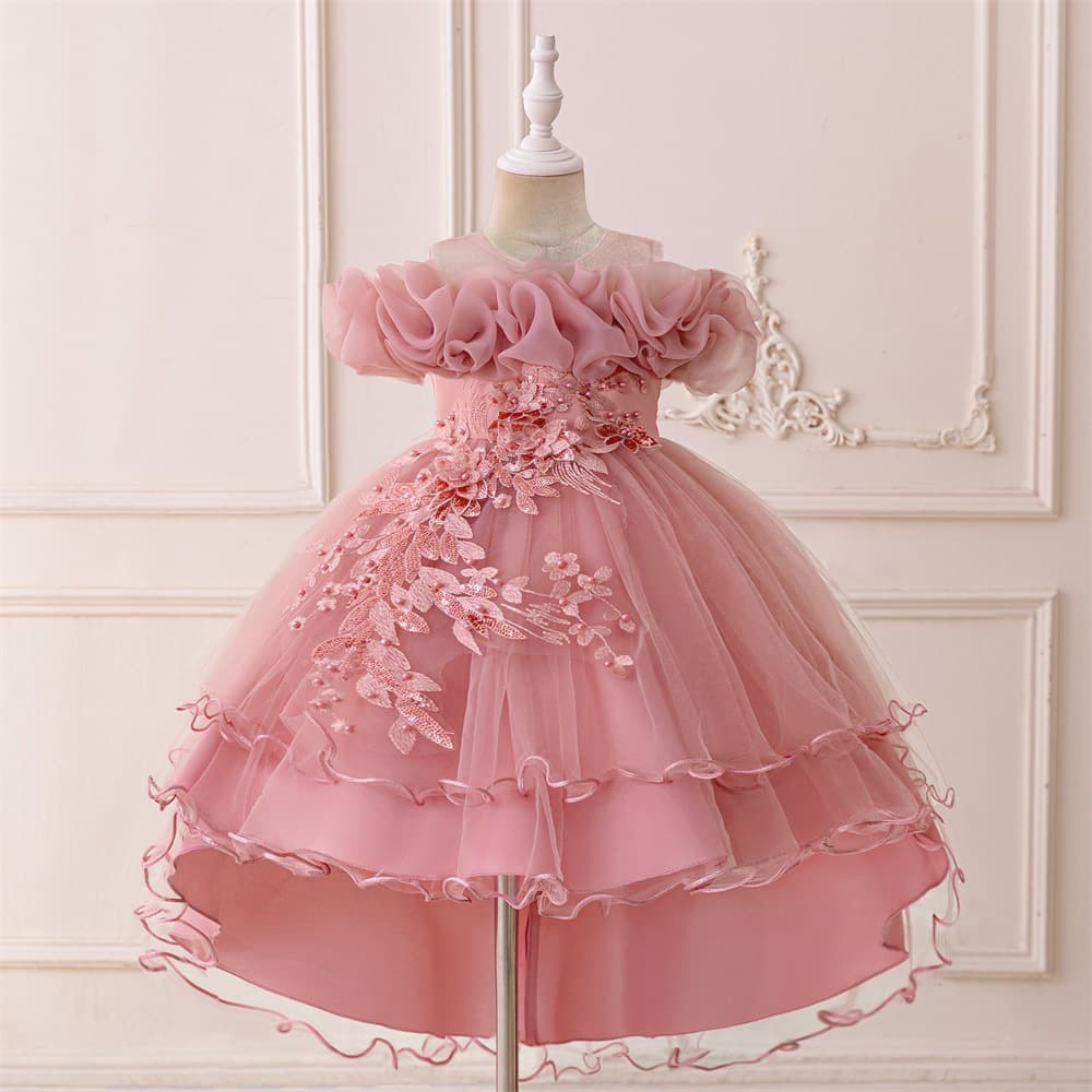 New 2025 Children's Dress Girl's Lace Piano Performance Outfit Floral Embroidery Tulle Skirt Princess Style Spring Autumn