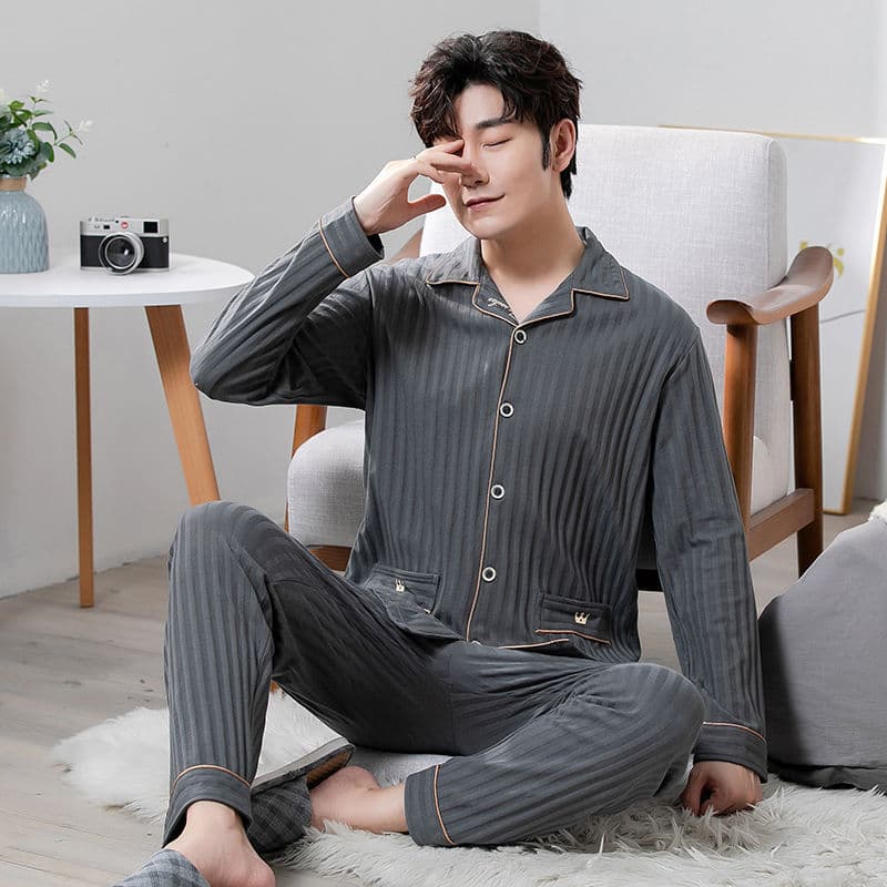 Men's Pajamas Pure Cotton Spring & Fall Thin Cardigan Long-Sleeved Loose Plus Size Middle-Aged Wearable Home Wear Set