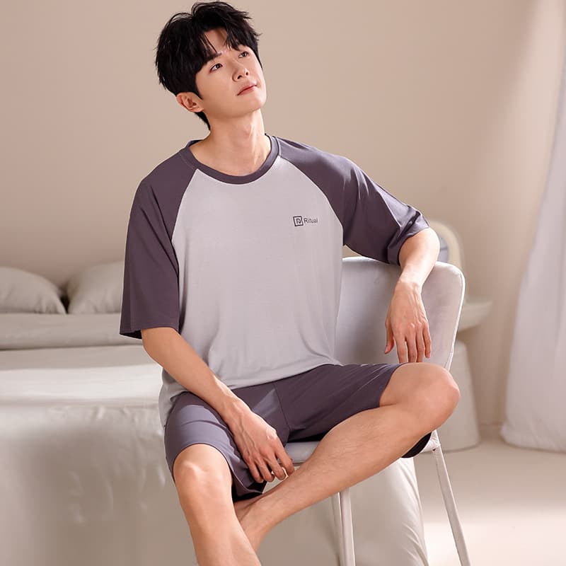 Men's Summer Thin Modal Short Sleeve Shorts Cool Touch Pullover Set Youth College Student Homewear