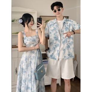 2024 Summer Couple Outfit Women's Rose Beach Dress Slim Fit Elegant Dress Men's Floral Shirt