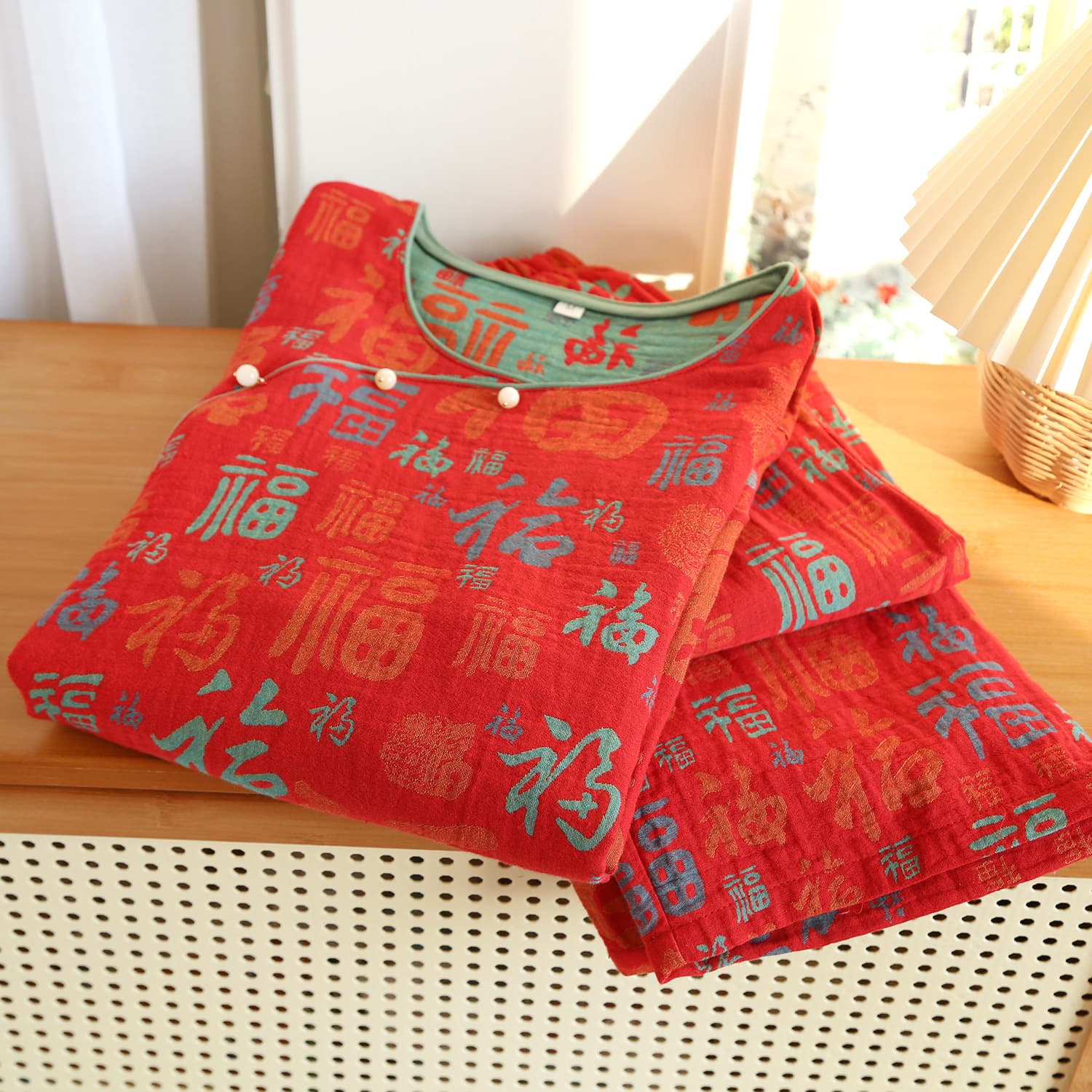 Custom Vintage Pure Cotton Double-Sided Jacquard Festive Set Yarn-Dyed Double-Layer Gauze Thin Women's Pajamas Plus Size