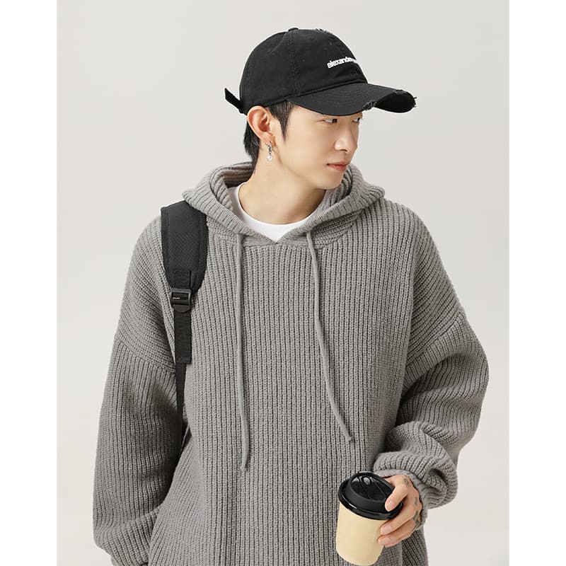 Japanese Loose-Fit Solid Color Hooded Sweater 2024 Fall/Winter New Style Casual Knit Cardigan with Adjustable Drawstring