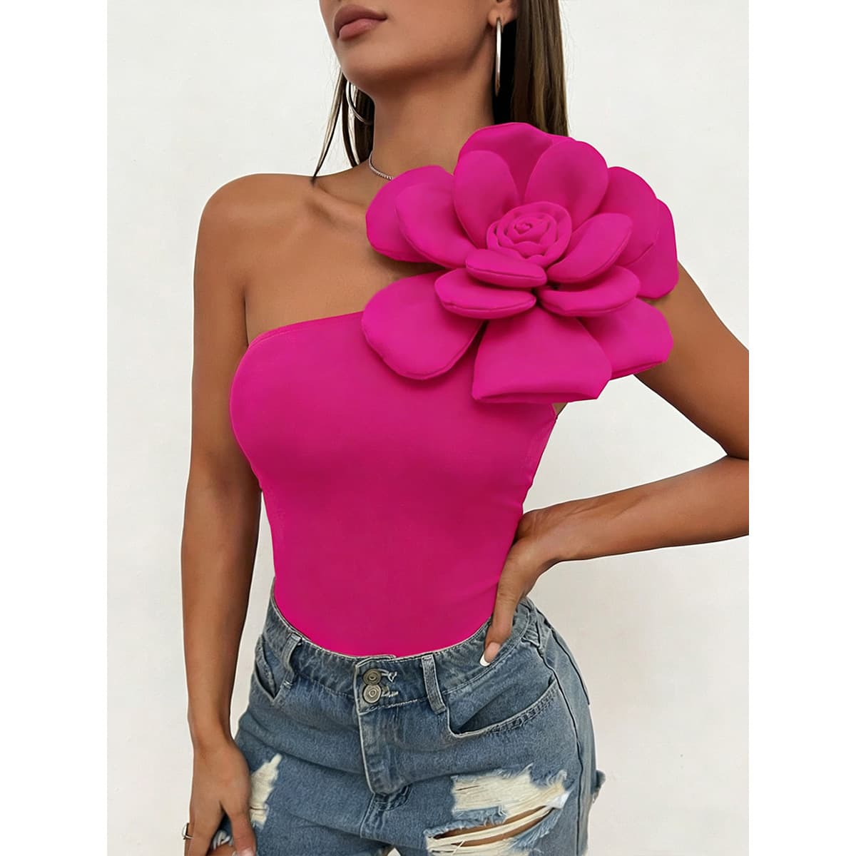 European and American new hot girl one-shoulder three-dimensional flower tops sexy off-shoulder waist tops party date sleeveless vest