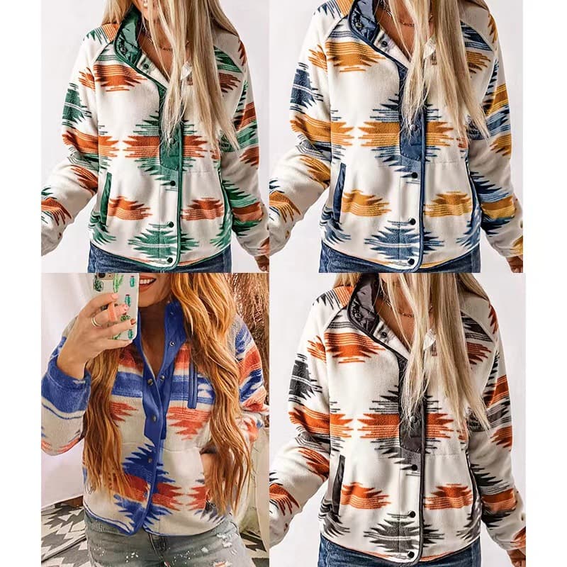 Factory Direct Supply Yiduo European and American Winter New Women's Color-Block Jacket Plush Geometric Pattern Coat 24345