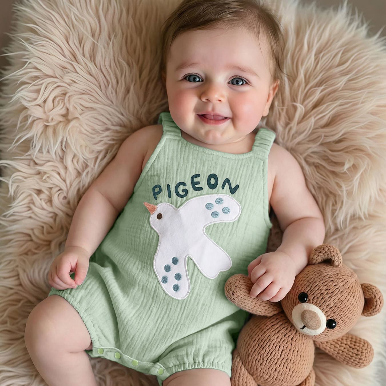 Baby Summer Vest Bodysuit Unisex Sleeveless Romper Cute Pigeon Embroidery Crawling Suit