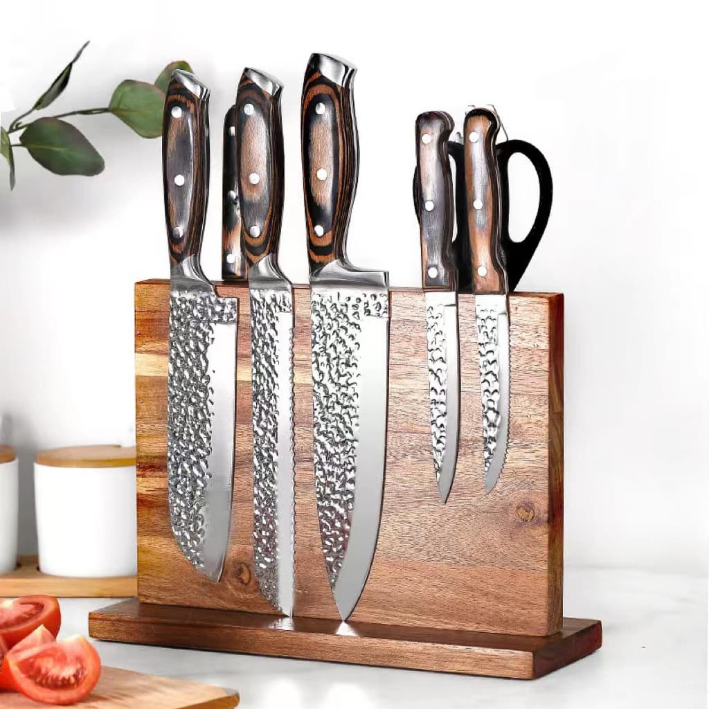 Household Acacia Wood Multi-functional Double-sided Magnetic Knife Block Kitchen Knife Storage Holder