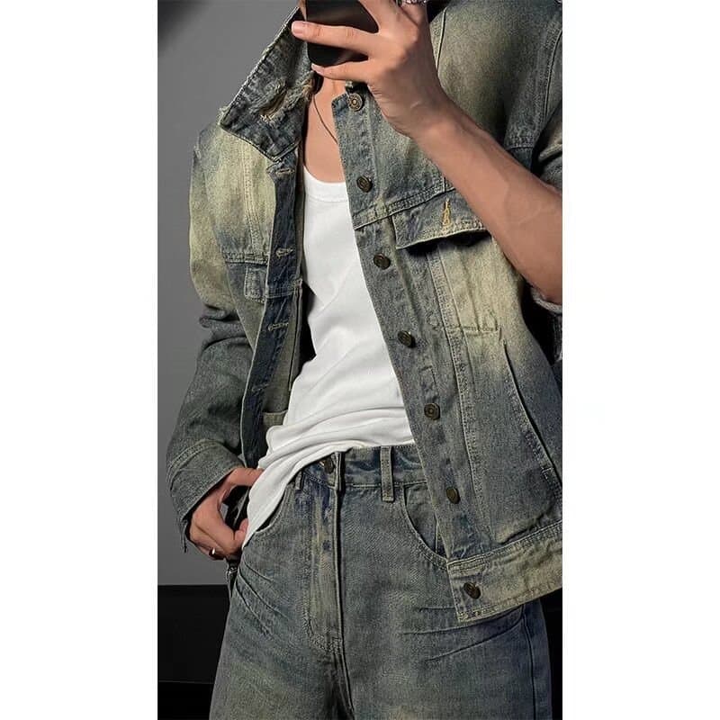 American Retro Washed Distressed Denim Set Men's Trendy Ins Rogue Short Jacket and Long Pants