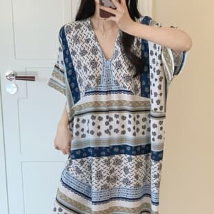 Vacation Style V-Neck Printed Nightgown for Women Summer Loose Slimming Long Plus Size Homewear Ethnic Style Cotton Silk Thin Dress