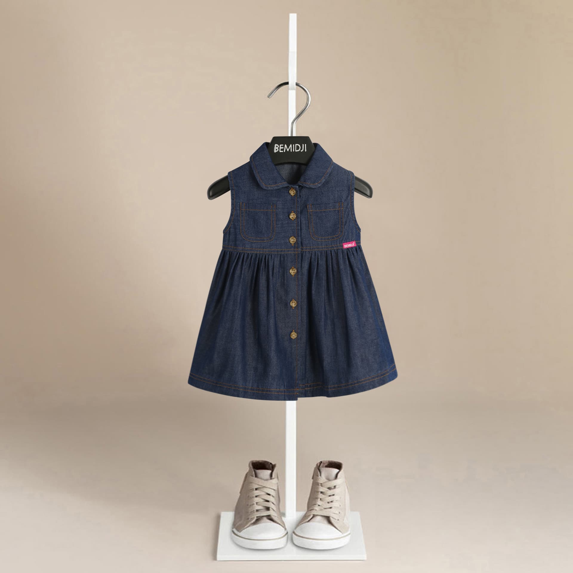 Soft cotton baby girl simple denim skirt, soft and cute sleeveless princess skirt, fashionable lapel skirt