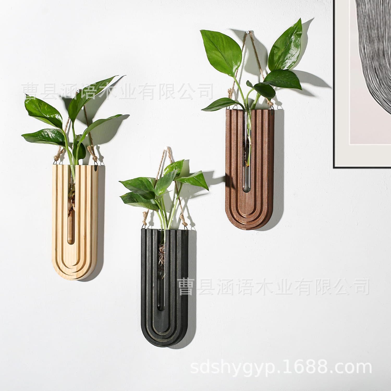 Decorative Wall Shelf Wooden Hydroponic Dried Flower Home Wall-Mounted Vase Hanging Plant Shelf Creative Living Room Bathroom