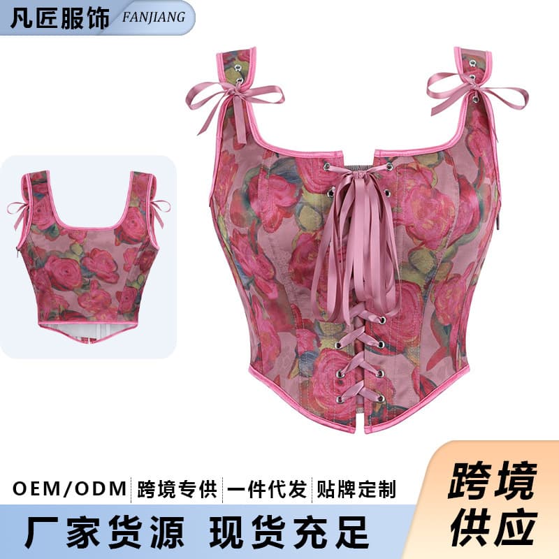 New Women's Oil Painting Style Yarn-Dyed Ink Wash Front Lace Corset Waist Trainer Slimming Double Strap Shapewear Top