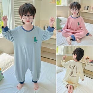 Children's One-Piece Pajamas Modal Long Sleeve Summer Thin Boys Sleep Sack Big Kids Baby Anti-Kick Homewear