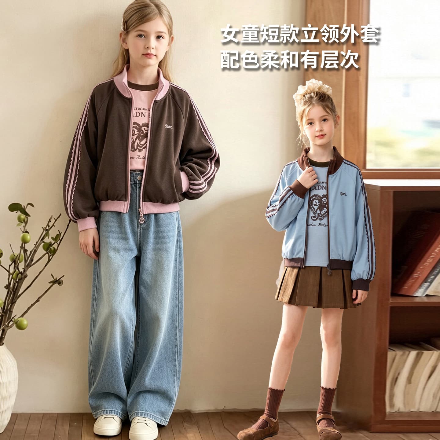 Girls Jacket Pink-Brown Color-Block Jacket 2026 Early Fall New Style Sweet Retro Athletic Top Kids Coat