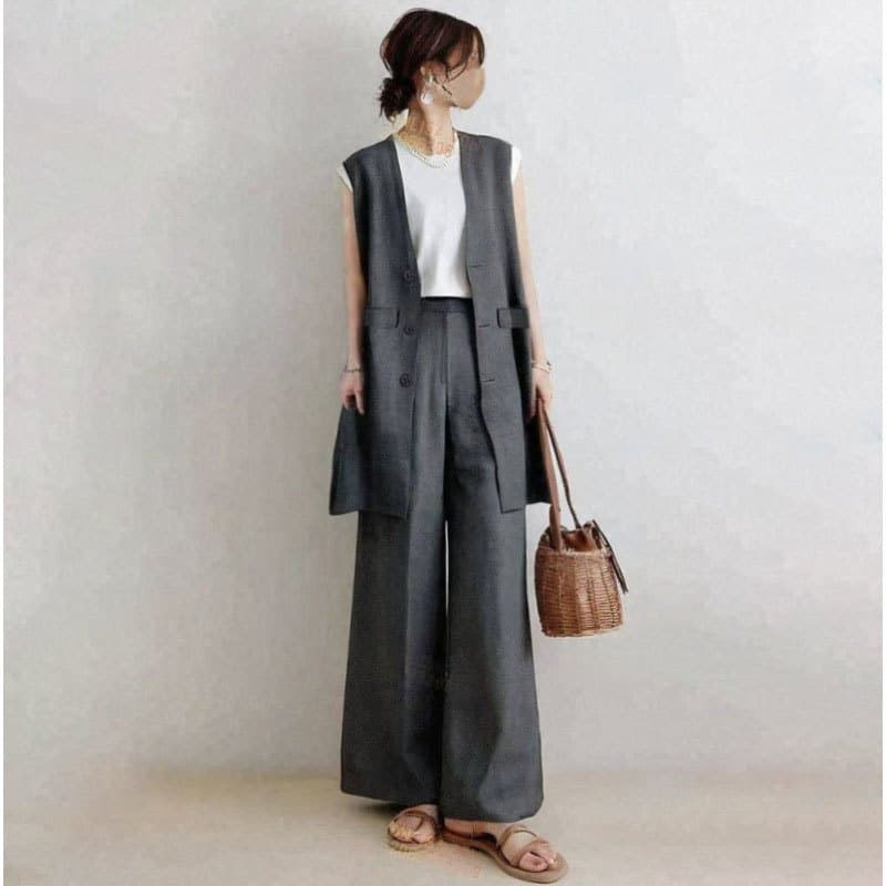 Cross-border Foreign Trade Export Japanese Summer Sleeveless Cardigan Vest + Cropped Wide-Leg Pants Two-Piece Set