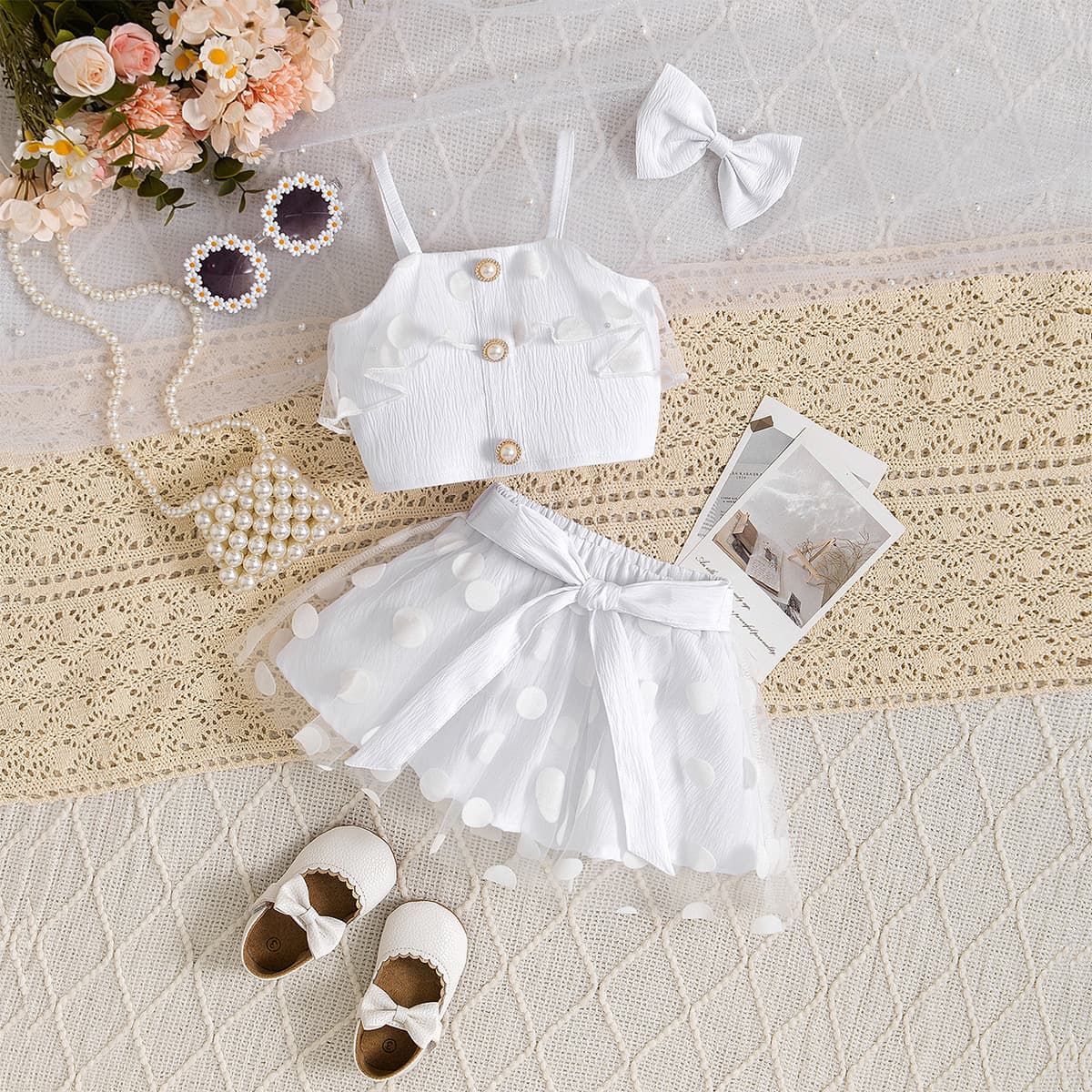 Cross-border girls summer camisole mesh polka dot skirt suit multi-piece set cute bow princess style children's clothing