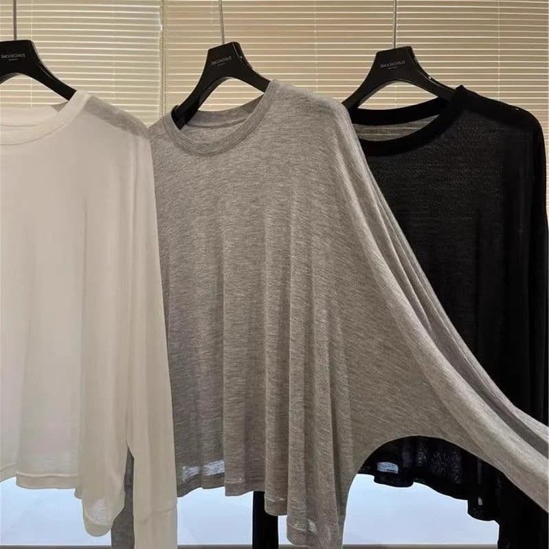 Modal Long-Sleeve T-Shirt for Women, Summer Korean Style, Slightly Sheer, Soft Skin-Friendly Outerwear, Sun Protection Air Conditioning Cover-Up Top