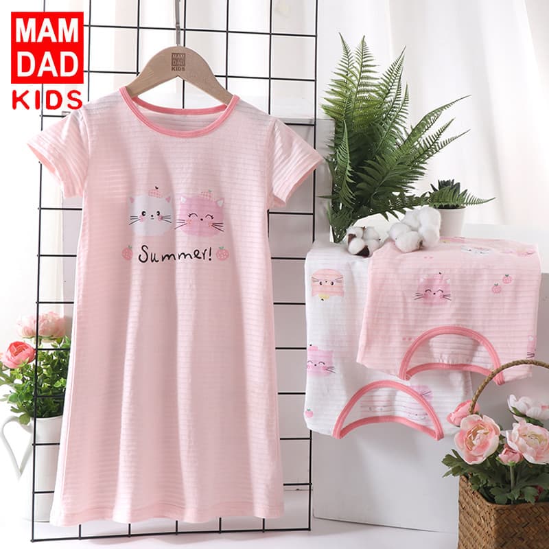 Girls' Nightgown Bamboo Cotton Short Sleeve Summer Thin Breathable Baby Pajamas Family Matching Loungewear Air Conditioning Wear New